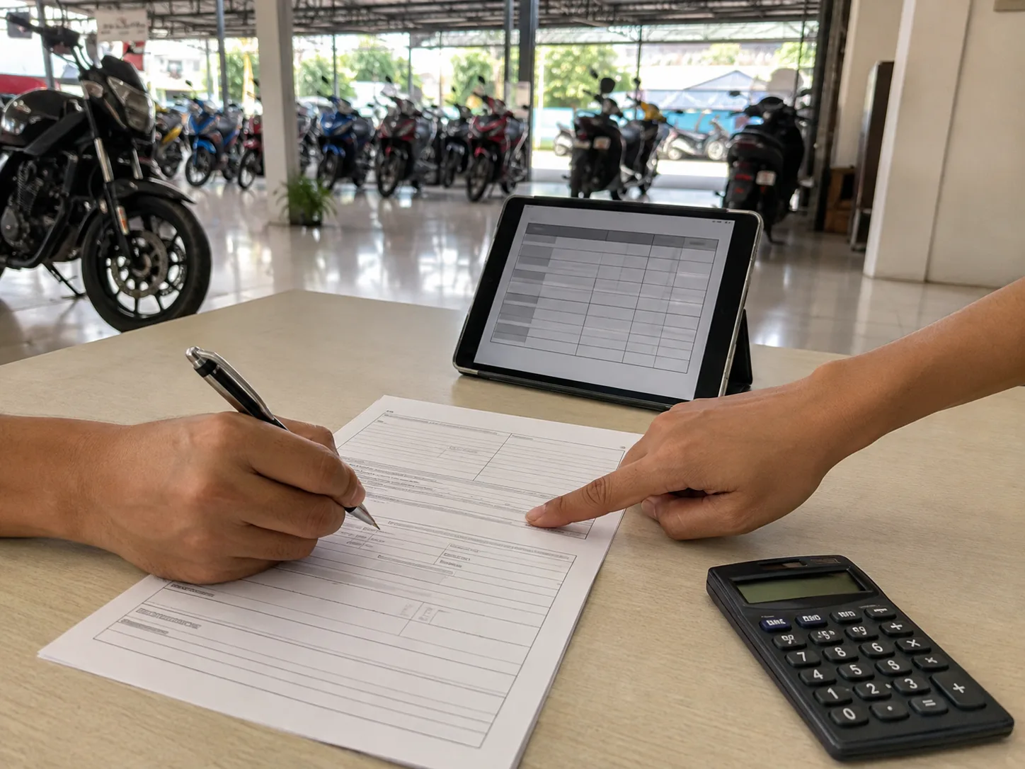 A hire-purchase contract being signed at the finance desk, a tablet showing the payment schedule, a calculator on the desk.