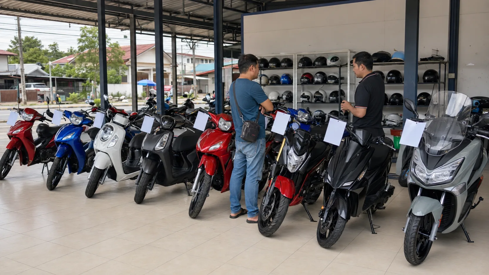 Rows of new motorcycles on a tiled showroom floor at Rungrueang Motor Roi Et, paper price cards on the handlebars, a customer and a salesperson talking.